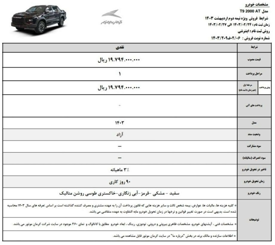 طرح فروش دو محصولات کرمان موتور اردیبهشت 1403